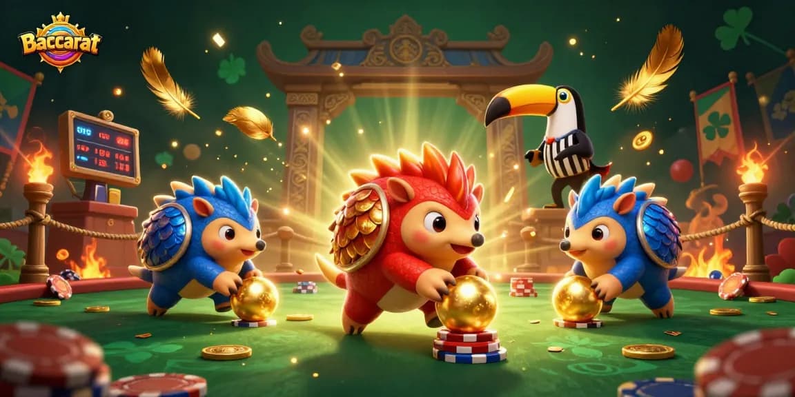 Baccarat game scene featuring rival pangolins rolling through poker chips with festive confetti