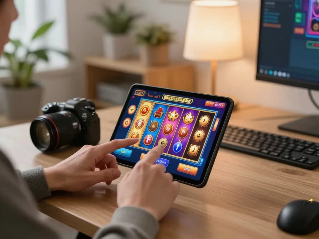 DABET slot gameplay on mobile device in a stylish home office environment.