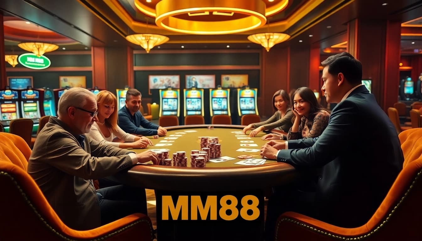 Experience the excitement of MM88 with players engaged in high-stakes poker action at a luxurious casino.