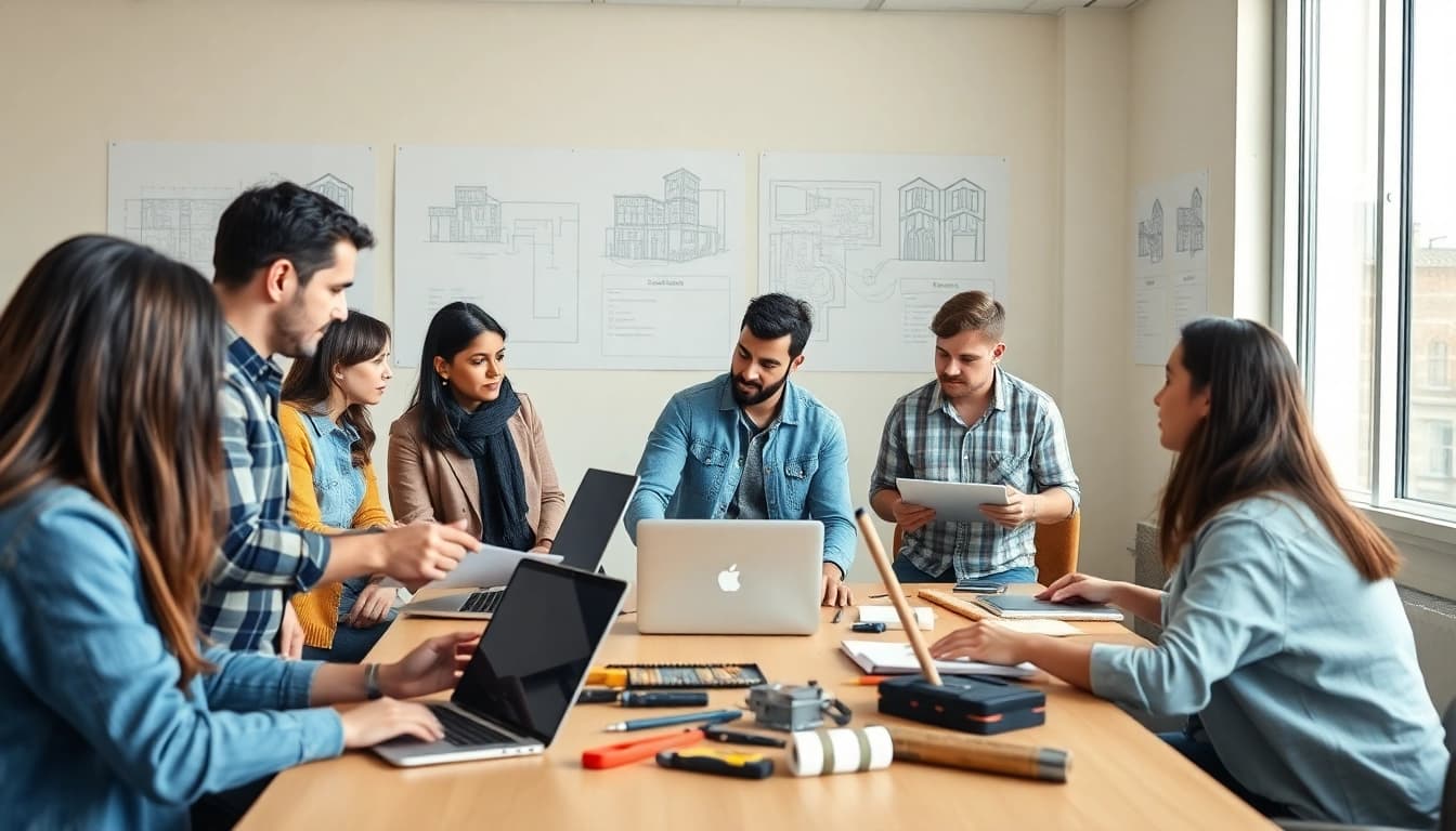 Engaging construction management training with diverse students collaborating in a modern classroom setting.