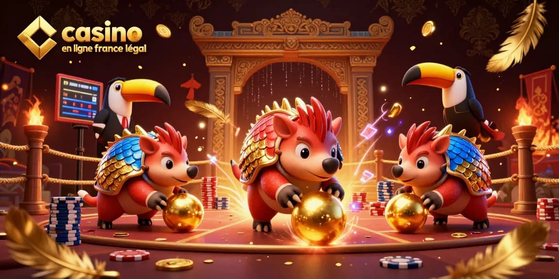 Casino en ligne France légal : pangolins en compétition au milieu de jetons et confettis dorés.