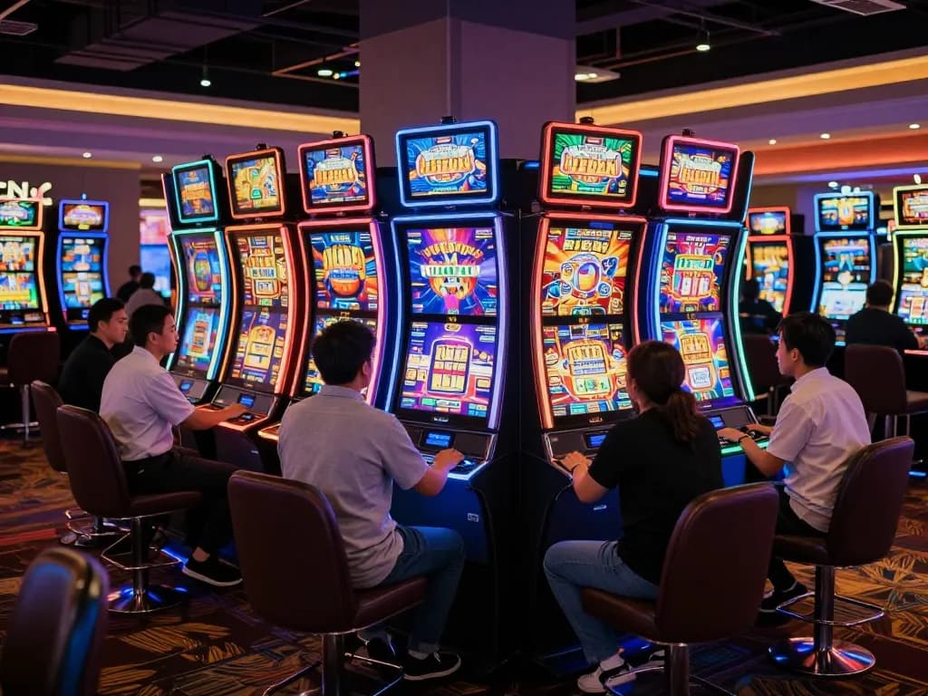 Players enjoying vibrant slot machines in an exciting casino atmosphere, dynamic action capturing the essence of SLOT gaming