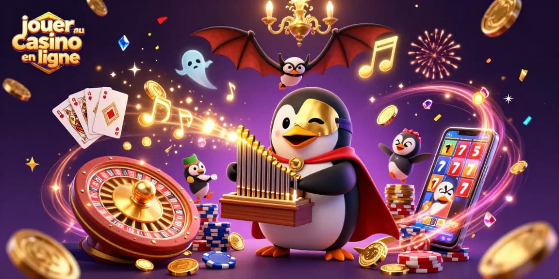 Jouer au casino en ligne avec un pingouin fantôme à l'orgue, pièces dorées et jeux de casino.