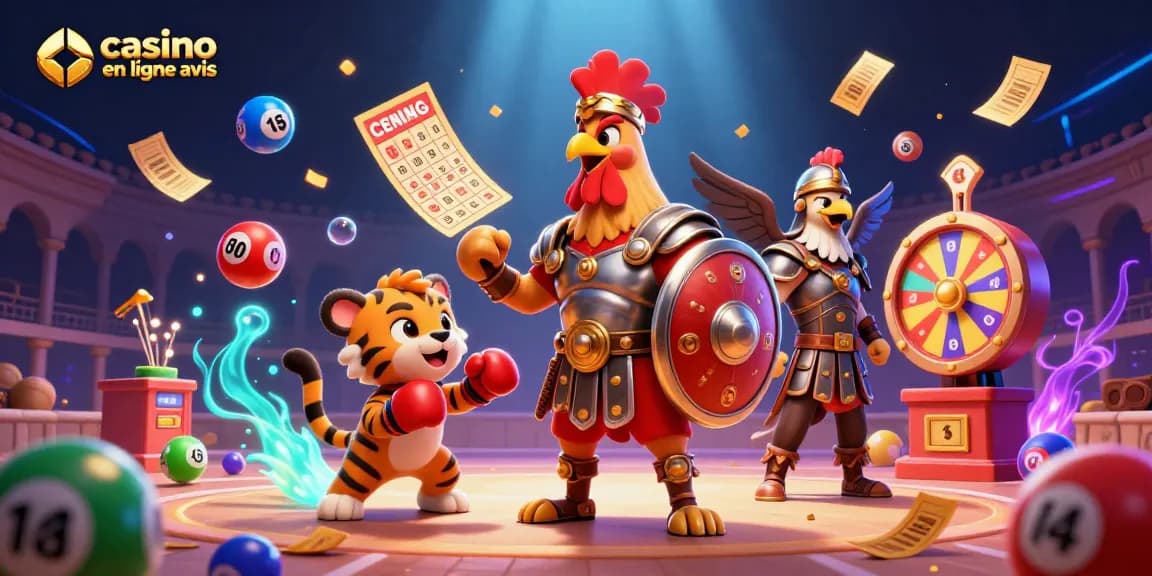 Image captivante de "casino en ligne avis" avec un coq gladiateur et des éléments de bingo.