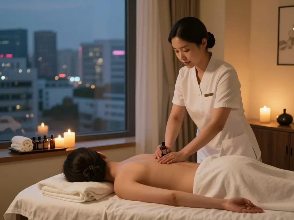 Relaxing 인천 출장마사지 session in a peaceful hotel room setting, professional therapist providing soothing care.