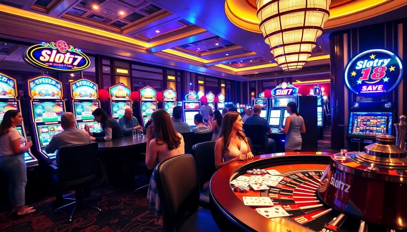 Excited players engaging with Slot777 machines in a luxurious casino environment filled with lights.