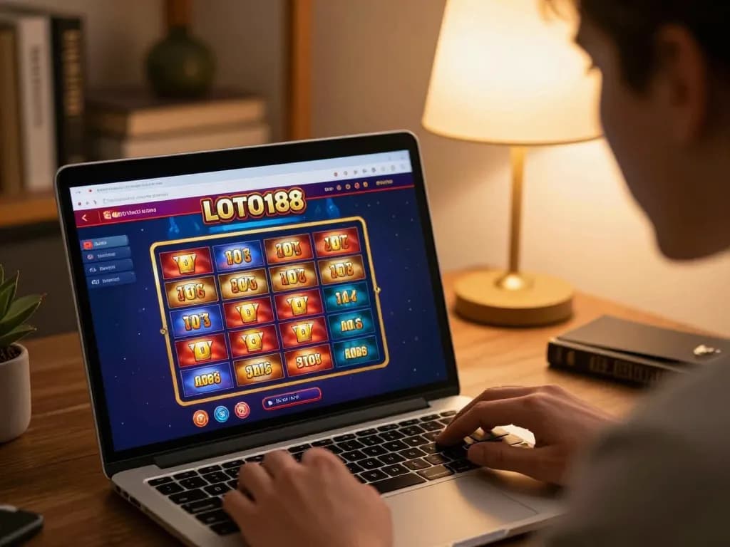 LOTO188 online gameplay on a laptop showcasing a vibrant interface in a cozy home environment