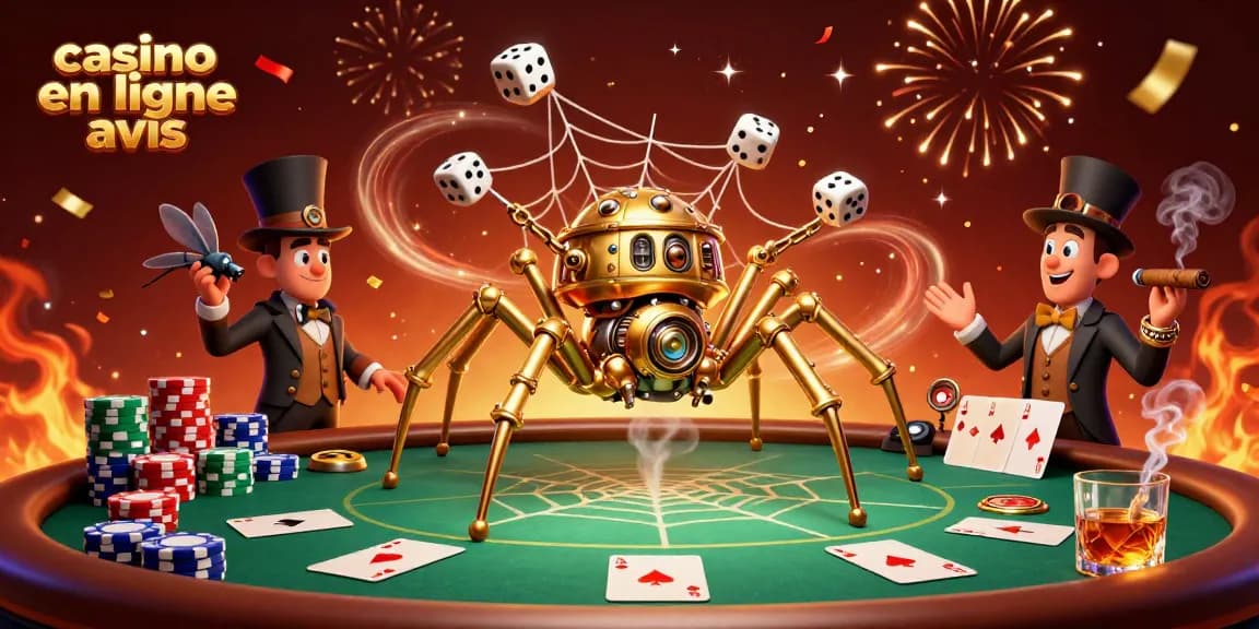 Image captivante illustrant un examen de casino en ligne avis avec une araignée steampunk dorée sur un fond bruyant.