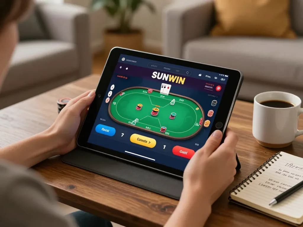Engaging with the SUNWIN app for an exciting online casino gaming experience in a cozy environment.