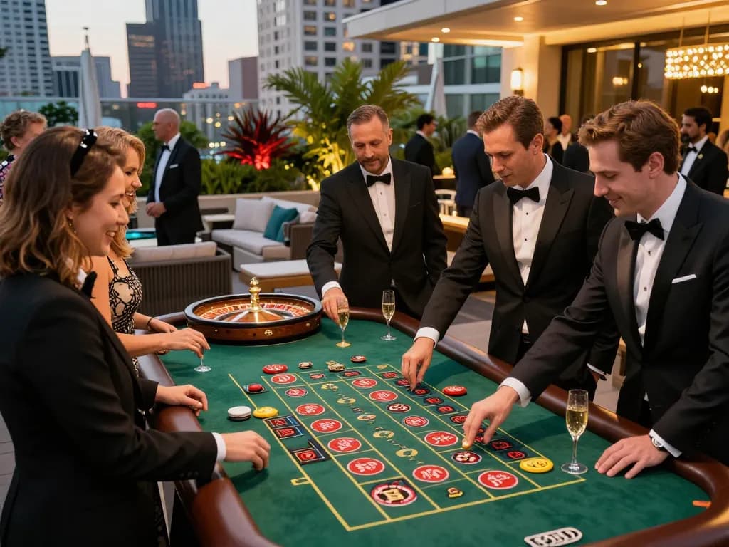 Guests enjoying a thrilling casino night with uu88 at a luxury rooftop terrace, engaging in roulette and betting