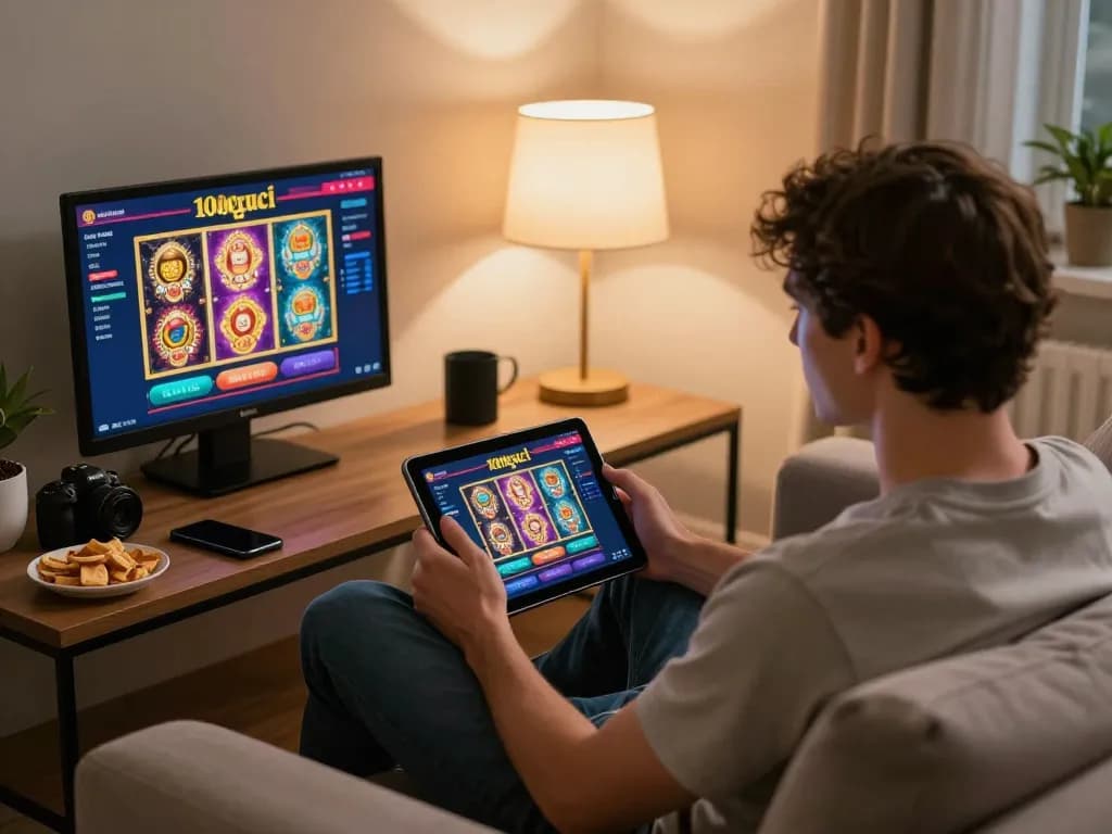 Player enjoying exciting slots and live games on the 100cuci app in a cozy home setting
