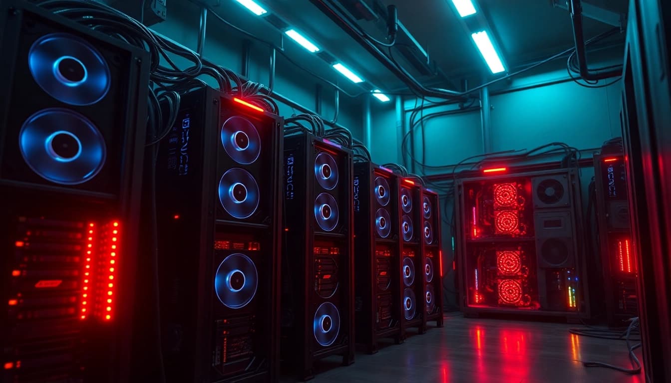 bitcoin mining setup with multiple high-performance ASIC miners in a modern tech environment