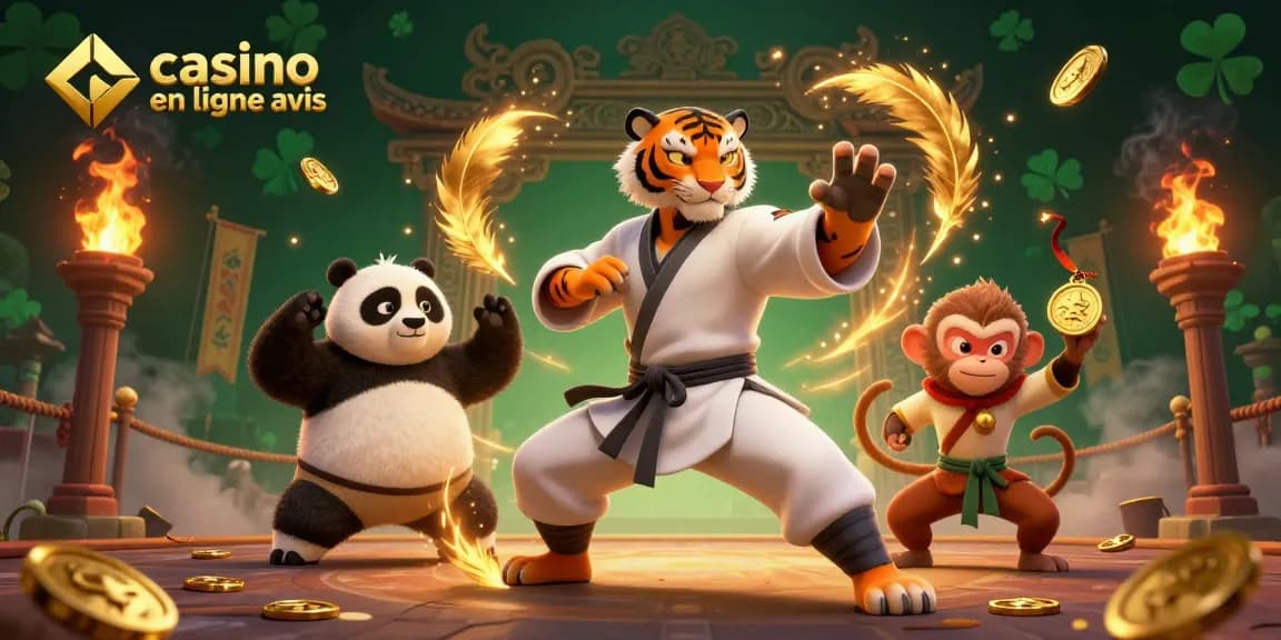 Illustration du maître en kung fu tigre en robes blanches, panda disciple et singe chapardeur, entourés de pièces d'or pour avis de casino en ligne