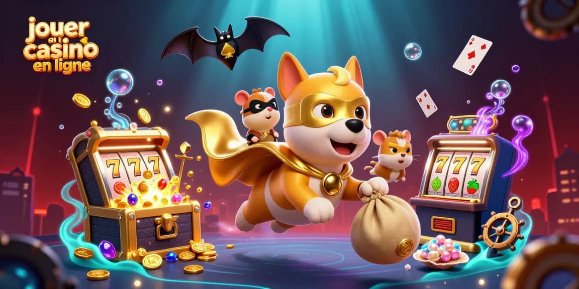 Jouer au casino en ligne avec un chien super-héros et son hamster compagnon entourés de trésors et de machines à sous.