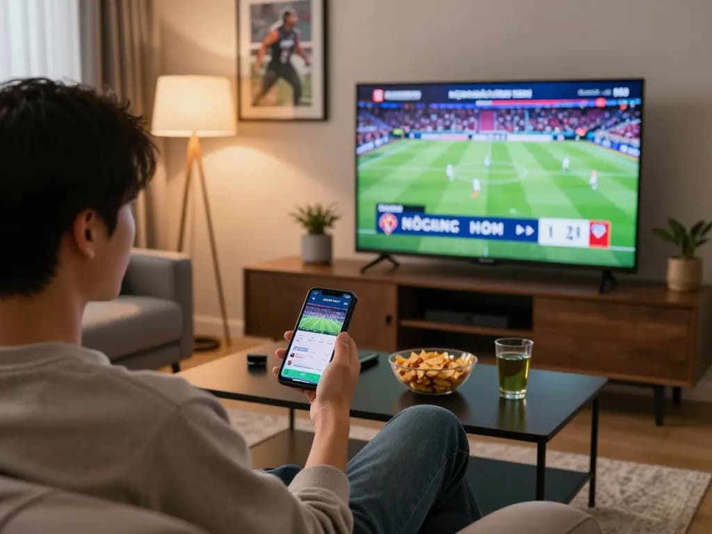View of Kqbd mới nhất hôm nay displayed on a television screen, with a person actively engaged in sports betting.