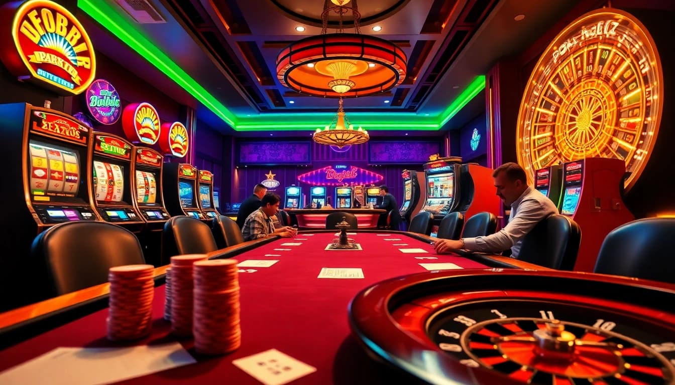 Experience the excitement of birutoto at a vibrant casino, featuring poker tables and slot machines.