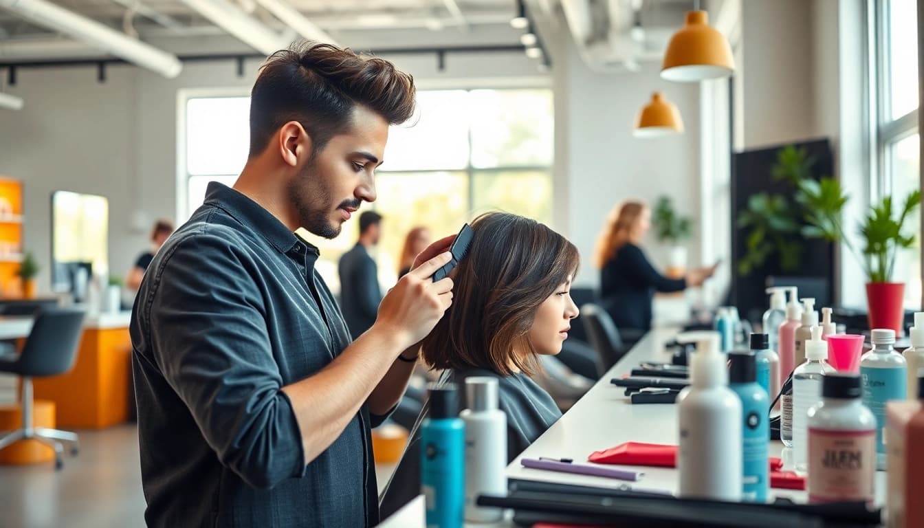 Hair stylist bucuresti offers a professional haircut in a vibrant salon environment.