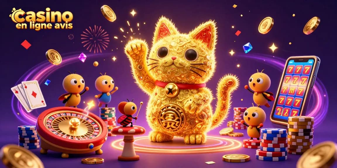 Découvrez des avis sur les casinos en ligne avec ce chat porte-bonheur animé.