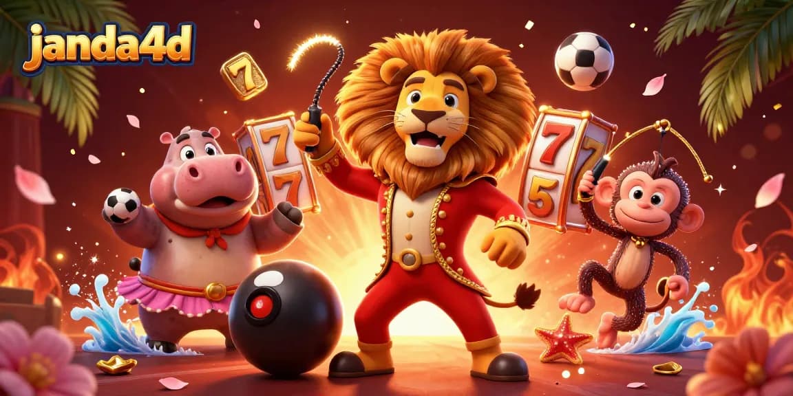 Gambarkan suasana kemenangan di janda4d dengan simbol permainan slot dan keceriaan karakter unik.