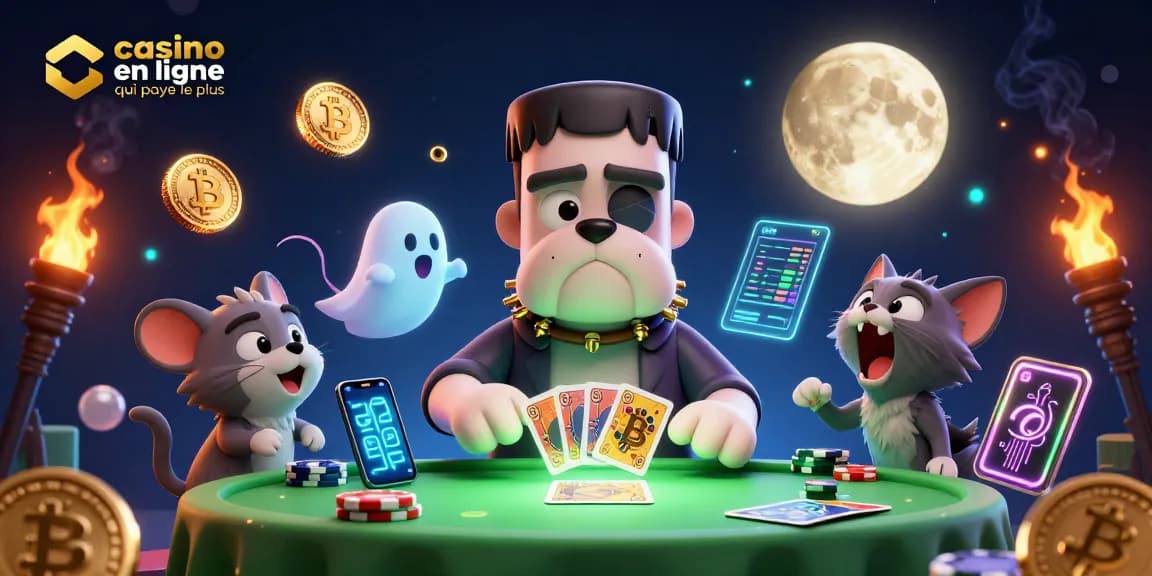 Illustration 3D d'un bulldog monstre jouant aux cartes dans un casino en ligne qui paye le plus, avec un chat-loup-garou.
