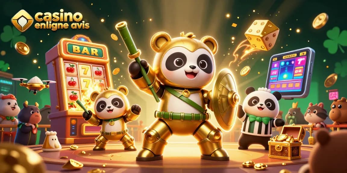 Casino en ligne avis : illustration 3D de panda doré dans un robot de combat avec machines à sous et lots de jetons.