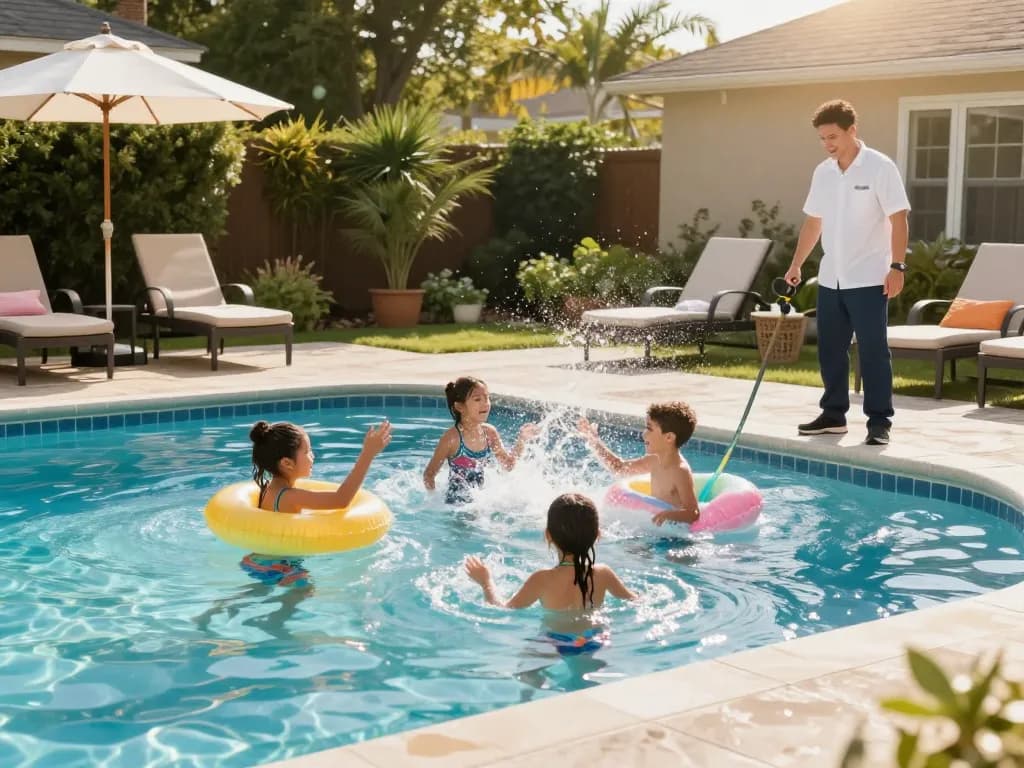 Dolphin Pool Services maintaining a family pool oasis, ensuring a clean and fun environment.