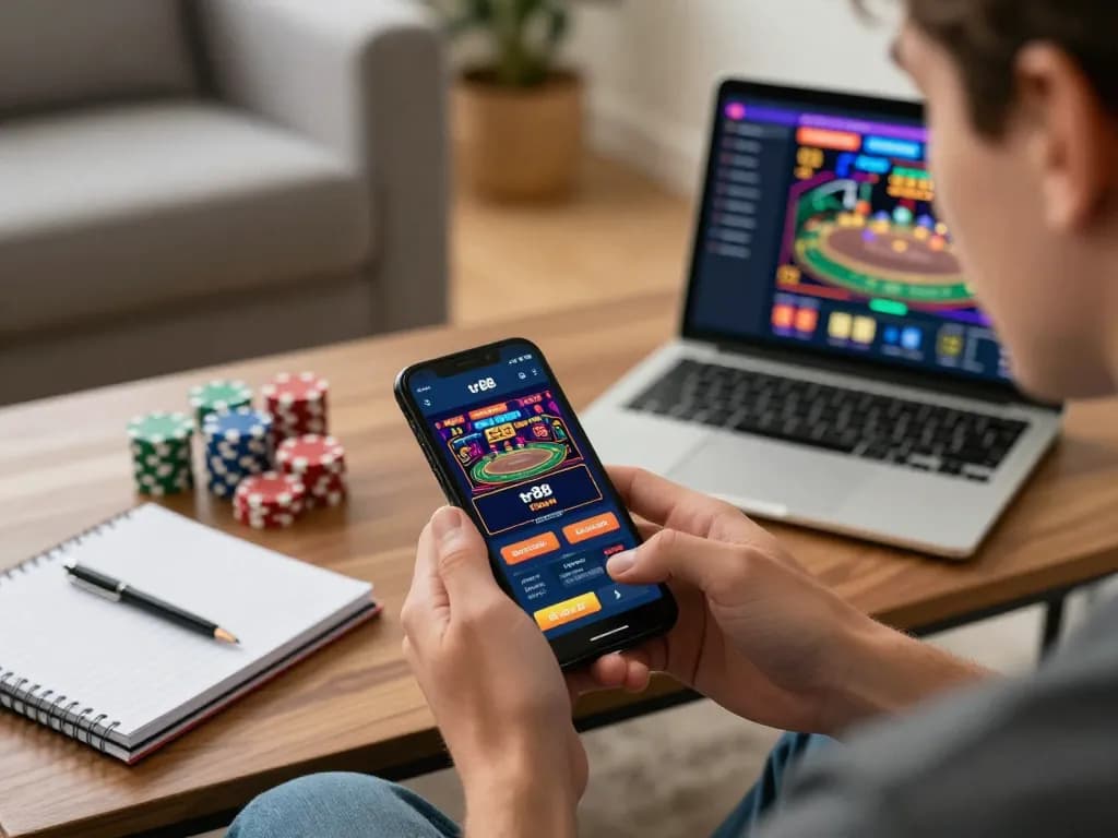 Engaging in tr88 đăng nhập to a vibrant online casino app on a smartphone while tracking strategies at home.