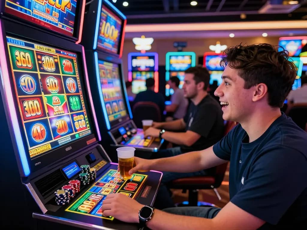Excited player placing a slot bet 300 at a vibrant casino slot machine