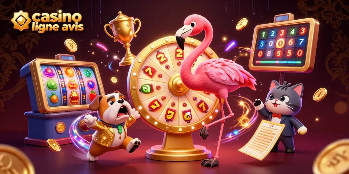 Illustration dynamique de casino en ligne avis avec un flamant et un bulldog, animée avec des machines à sous.