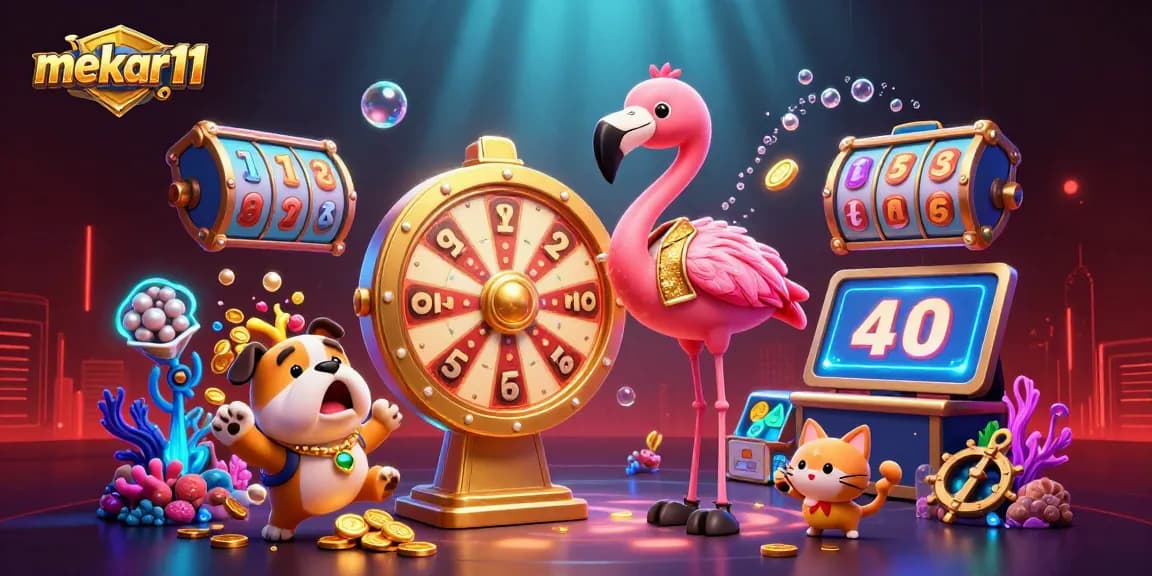 Mekar11 showcases an exciting casino scene with vibrant characters and dynamic games, perfect for gamblers.