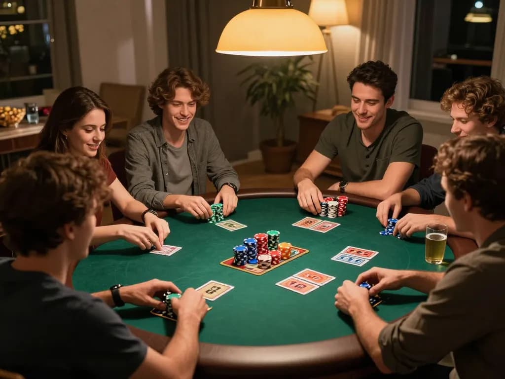 Nohu poker night session with friends showing community cards and colorful chips stacked on table.
