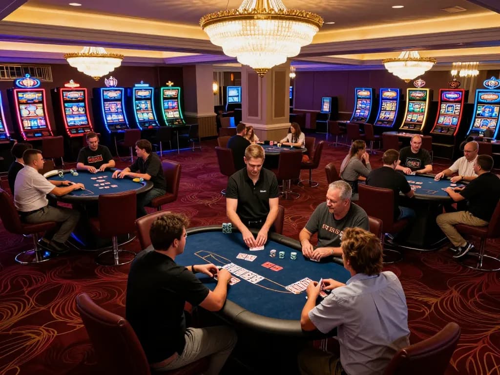 Players strategizing at poker tables highlighted for top quality widgets in an upscale casino
