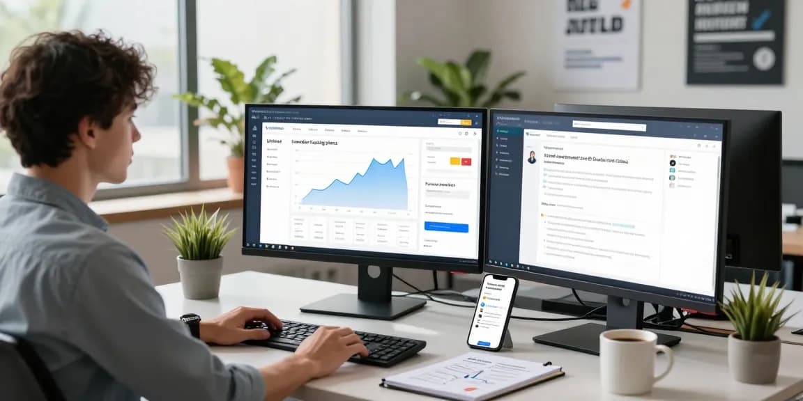 Entrepreneur optimizing reseller hosting ilimitado services in a modern office