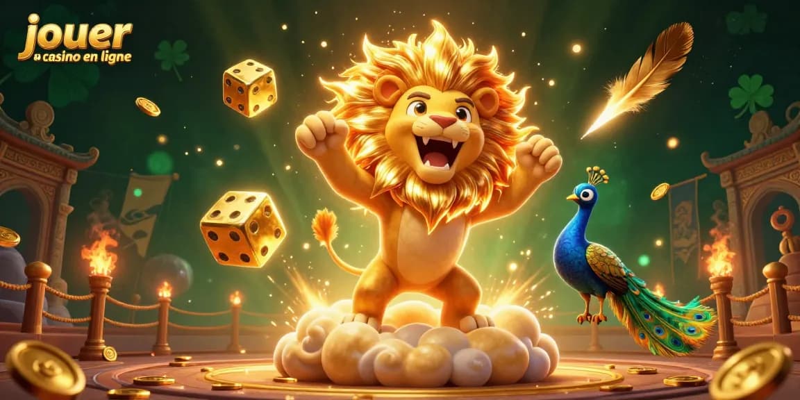 Jouez au casino en ligne avec une illustration animée d'un lion, des dés en or et des effets spectacle.