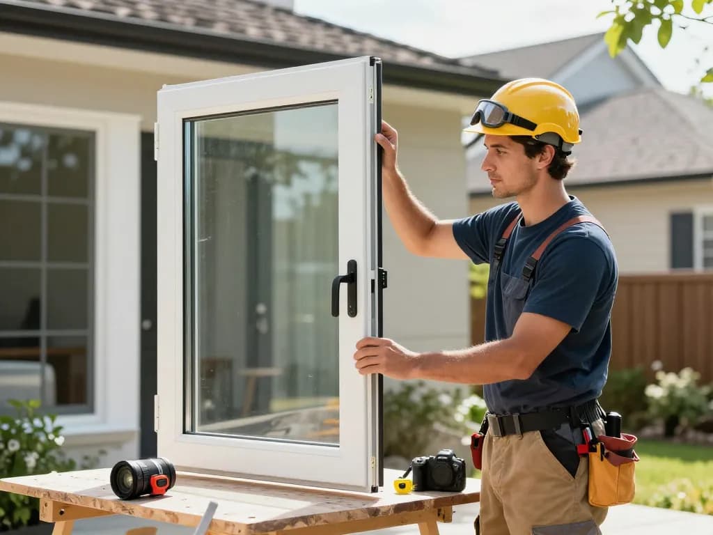 Glass window replacement scene with contractor installing energy-efficient window in a suburban home, highlighting skilled craftsmanship.