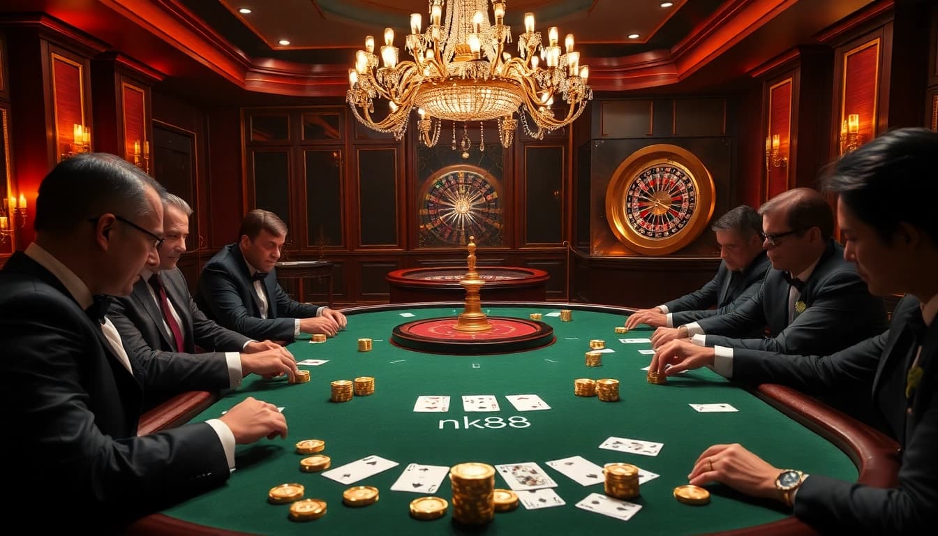 Players engaging in a high-stakes poker game at nk88 casino table with colorful chips and cards.