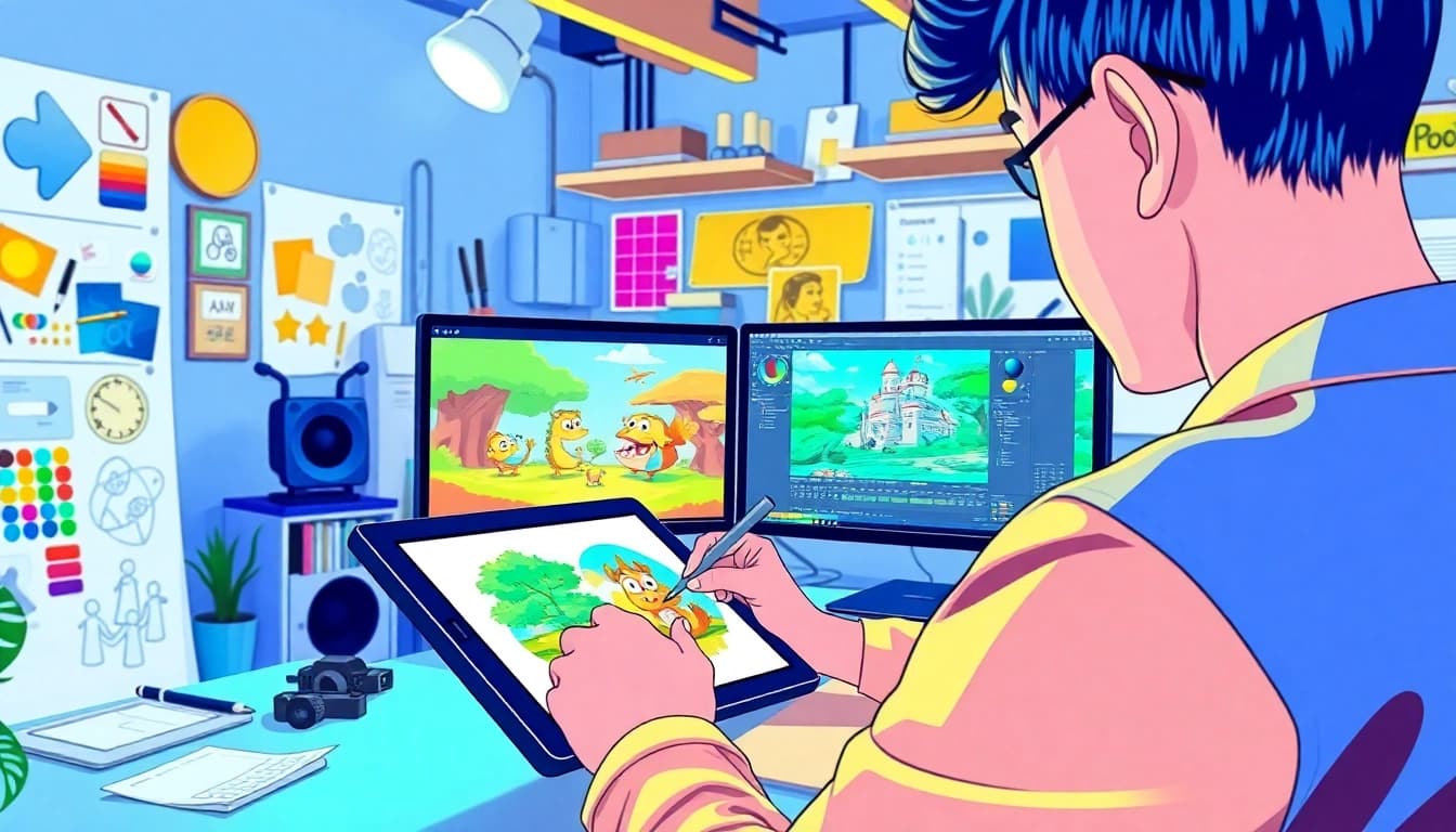 Animation Erstellen in einer kreativen Arbeitsumgebung mit einem Designer und einem Bildschirm.