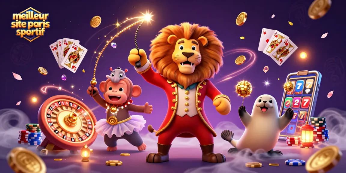 Jouez sur le meilleur site de paris sportif avec des personnages de cirque animés, des jeux et des éléments flottants.