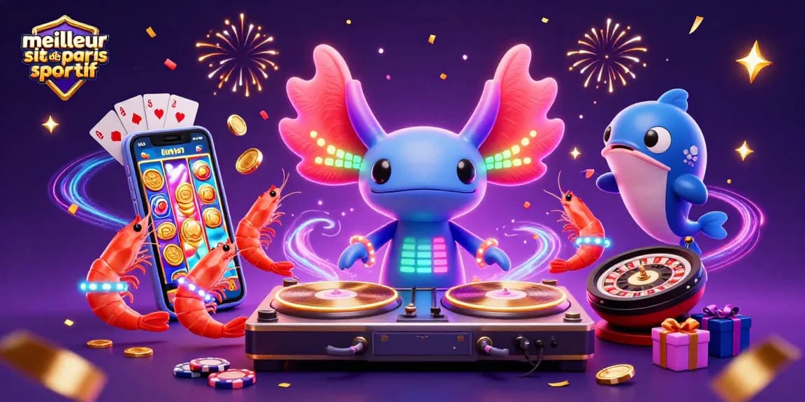 Jouez sur le meilleur site de paris sportif avec un DJ axolotl vibrant entouré de créatures marines dans une scène festive.