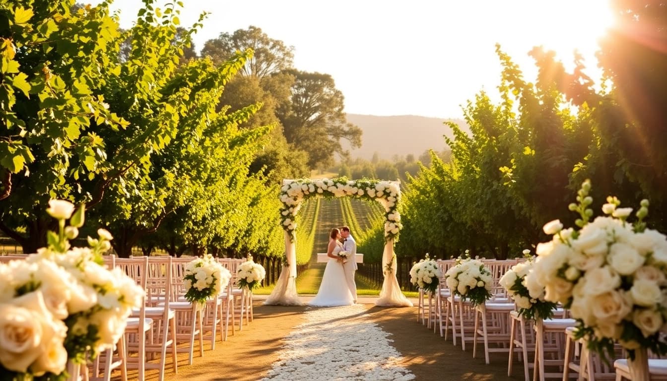 Northern California wedding venues highlight a romantic vineyard ceremony under soft sunlight