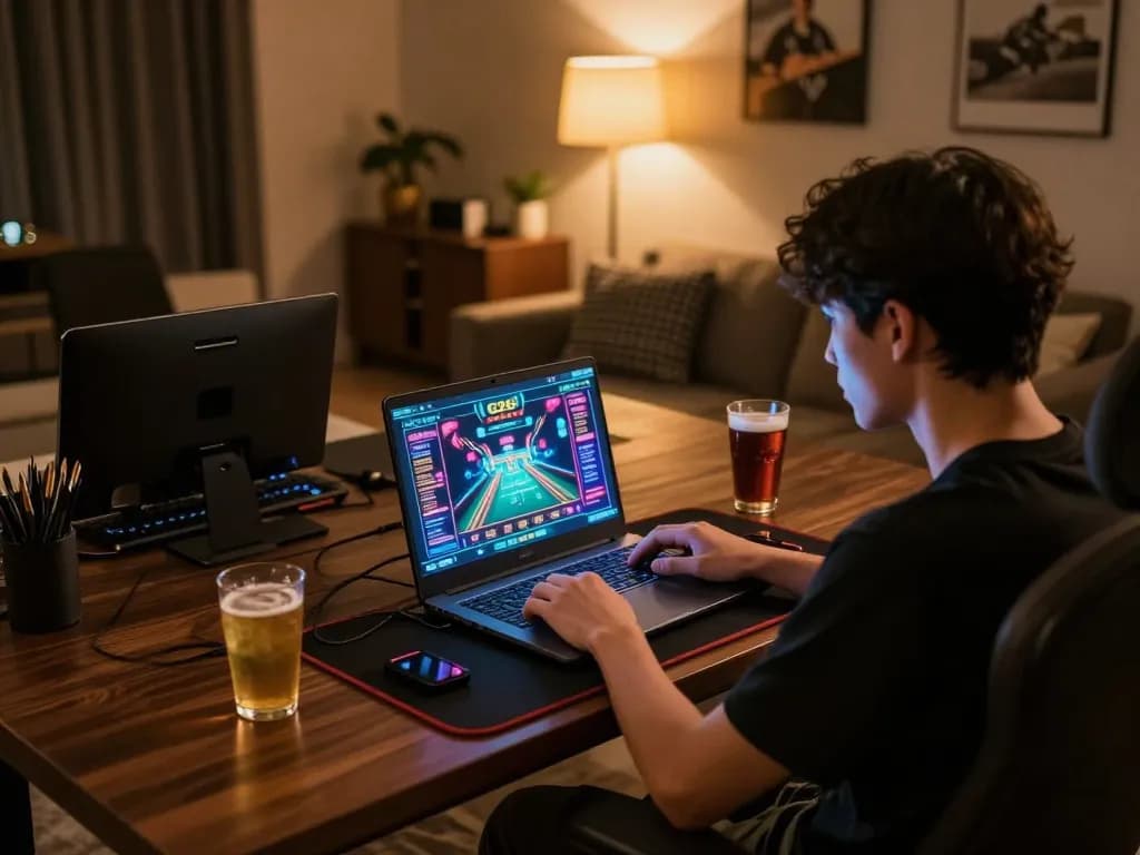 Player strategizing using the G28 platform at a personalized online gaming setup, showcasing laptop and notes.