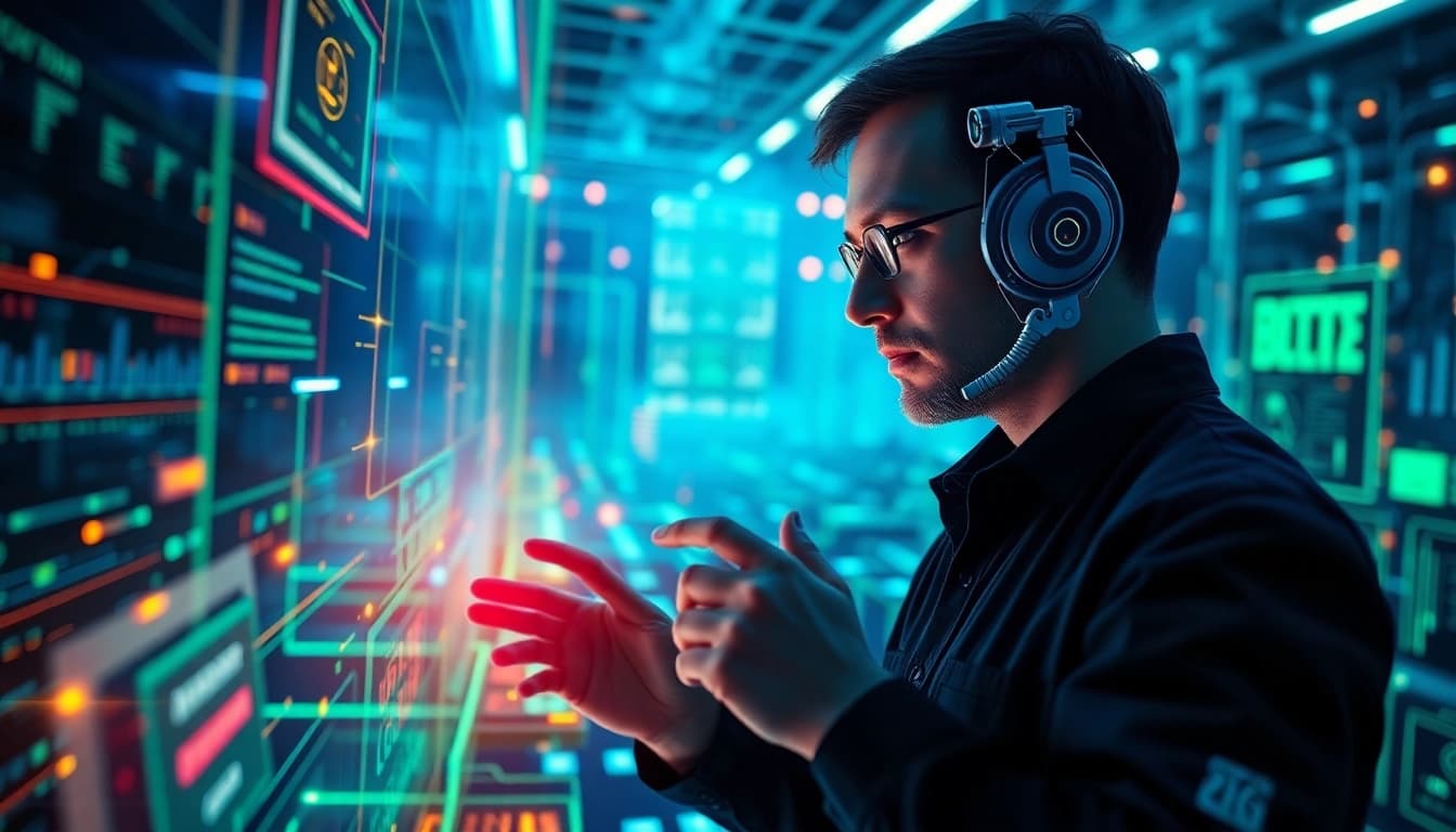 Cybersecurity AI expert monitoring network threats with advanced technology in a high-tech environment.