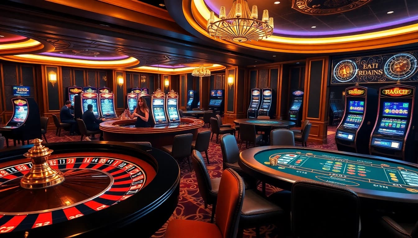 Experience the excitement of gambling at https://saobet.website/ with vibrant casino visuals showcasing roulette wheels and poker tables.