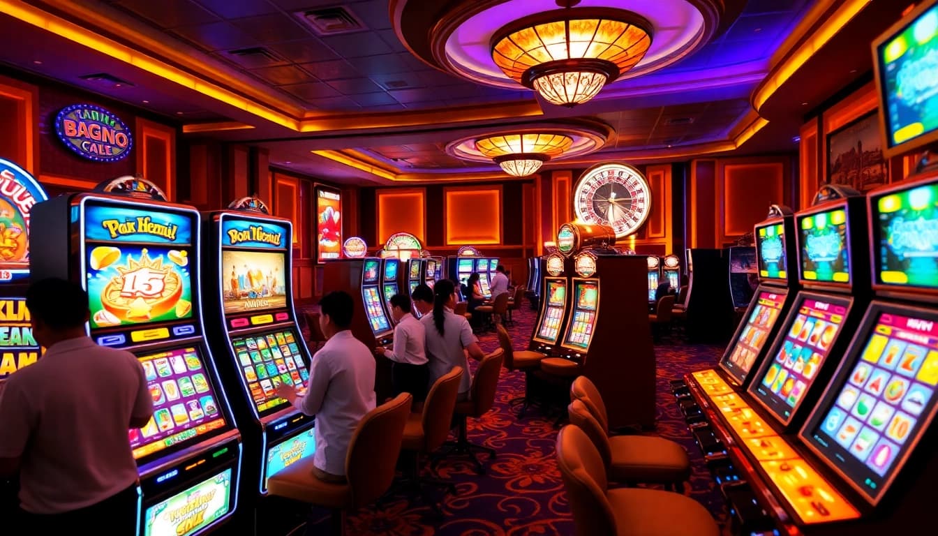 Pemain menikmati slot depo pulsa di kasino mewah dengan mesin yang berwarna-warni dan chip poker.