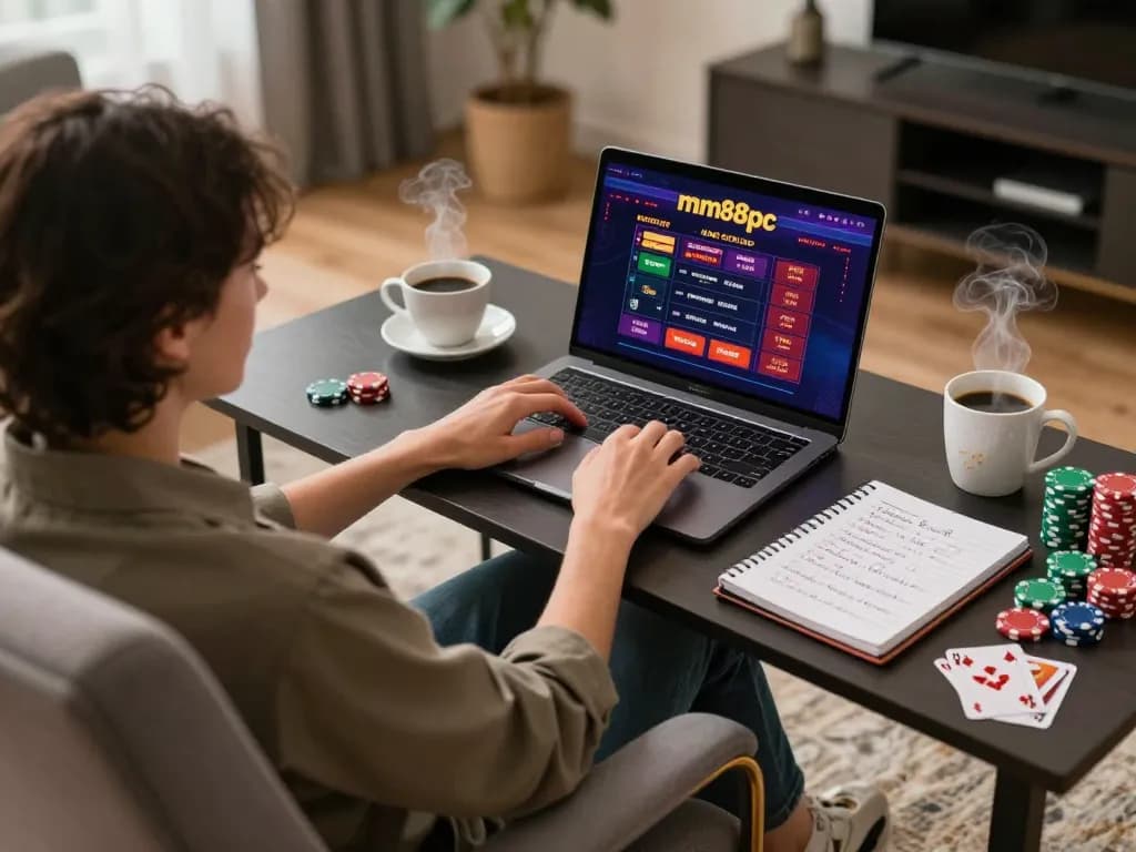 Engaging online gaming session on mm88pc with a laptop and poker chips in a cozy home environment.