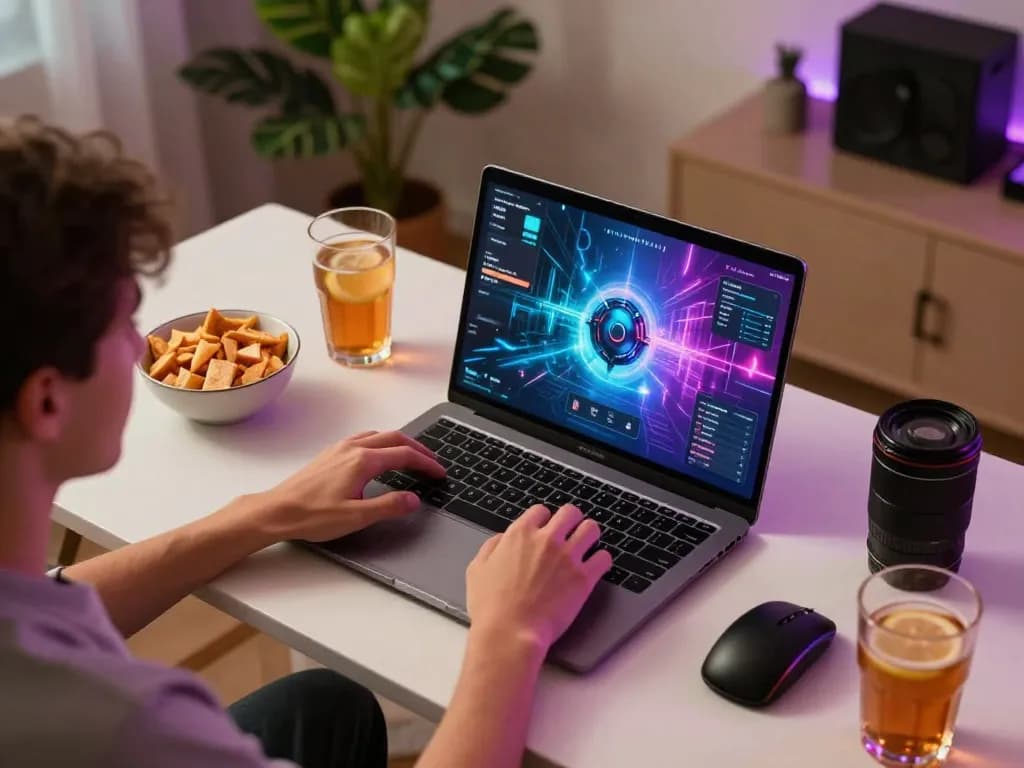 Playing tg 88 online at a cozy gaming setup, complete with snacks and drinks, highlighting responsible gambling.