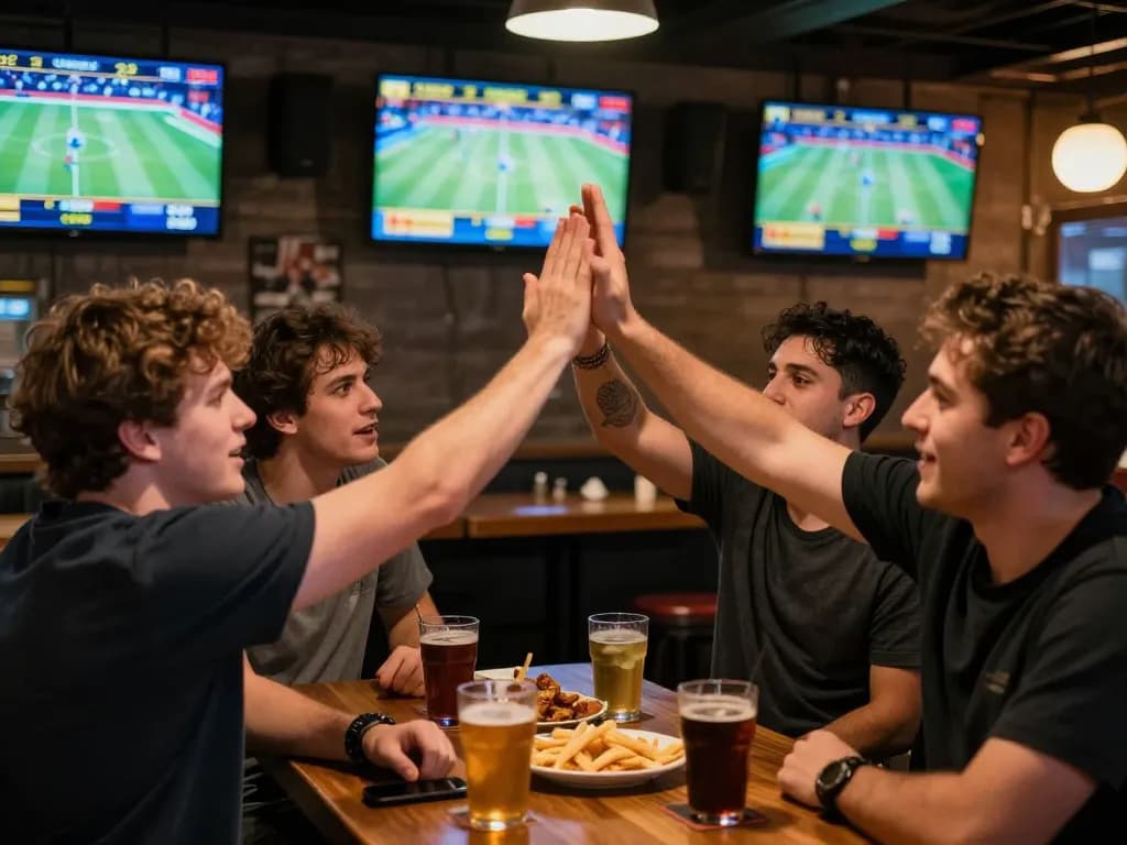 Enjoying sports betting at hb88 with friends, celebrating a big win in a vibrant sports bar atmosphere.