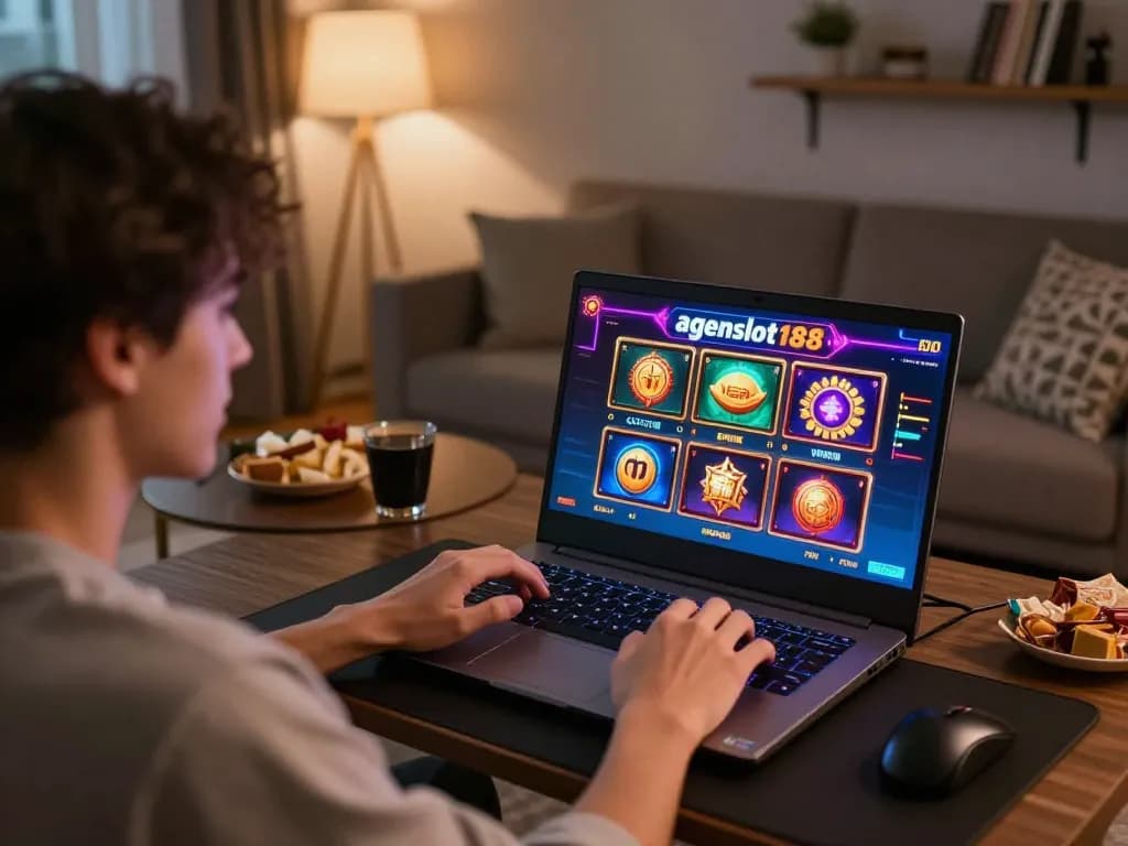 Engaging in online slot games on agenslot188 with vibrant interface and cozy setup.