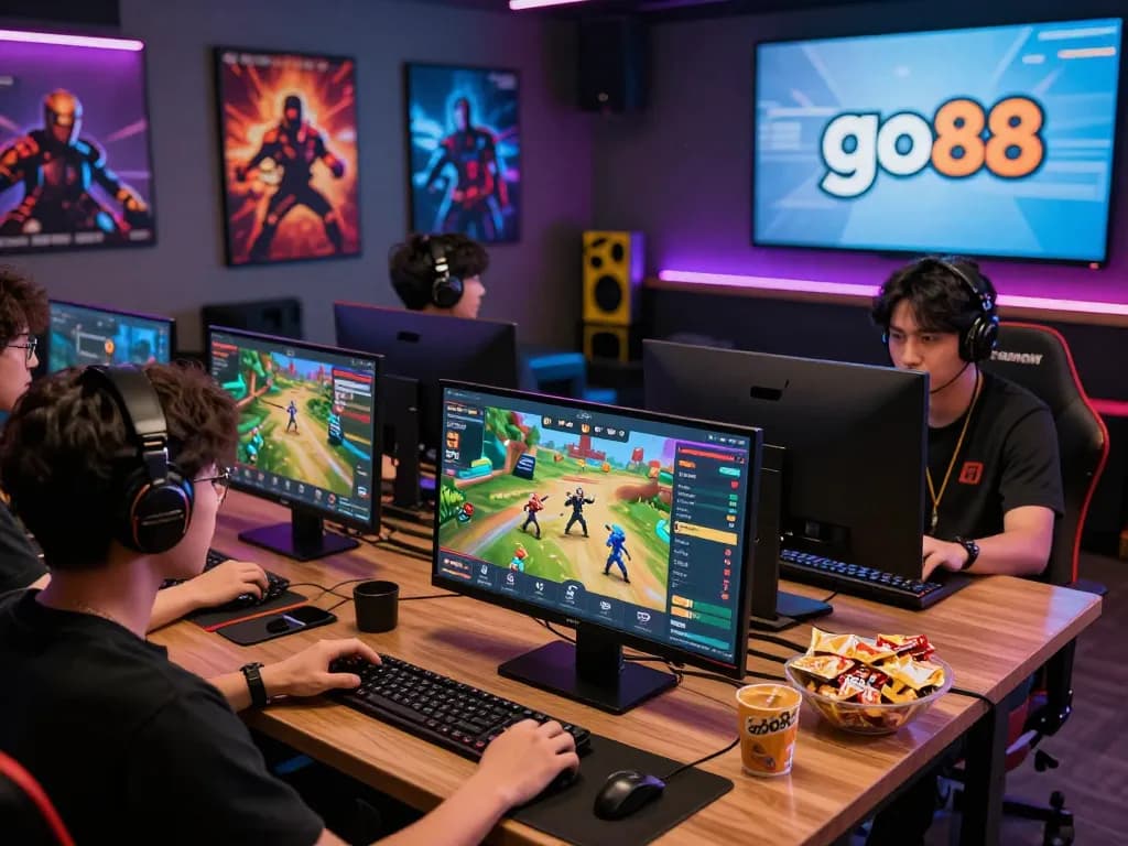 Players enjoying go88 gaming experience in a vibrant gaming room during multiplayer battles.