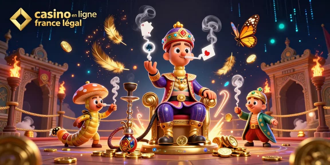 Illustration dynamique de casino en ligne légal en France avec un grand personnage et des éléments de jeu éparpillés.